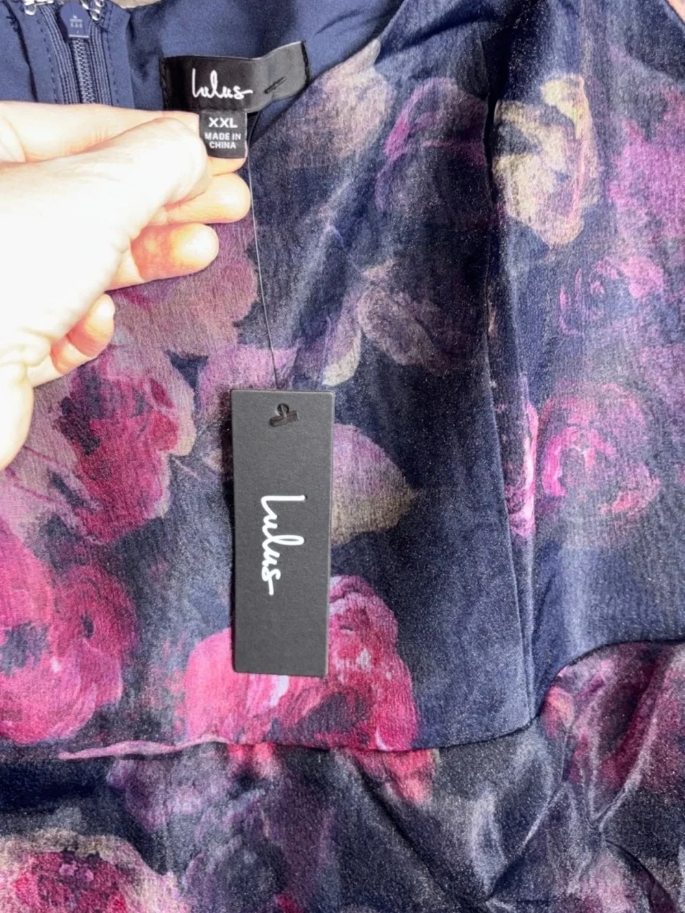 Lulu's Navy Floral Tiered Midi Dress with Puff Sleeves